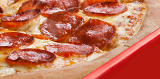 Close-up photo of a Pizza Hut pepperoni pizza