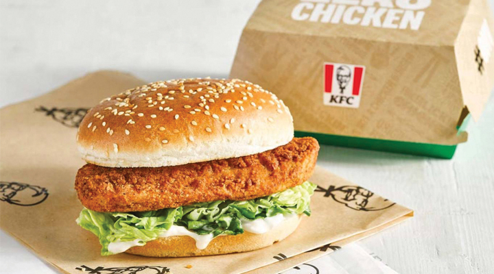 Photo of a KFC sandwich with recycled packaging