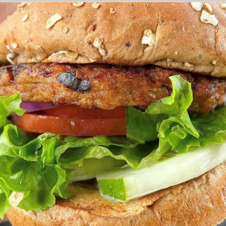 Close up photo of plant-based burger