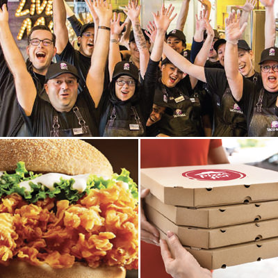 Various icons representing Yum!'s commitment to Food, People and Planet